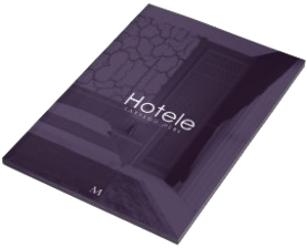 Ikona katalogu marki Hotele - broszura z napisem i zarysem wyposażenia pokoju hotelowego.